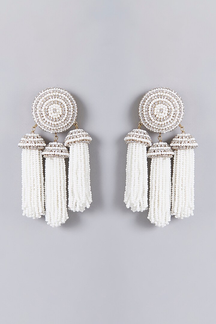 Gold Finish Crystal & Beaded Tassel Earrings by Bijoux By Priya Chandna at Pernia's Pop Up Shop