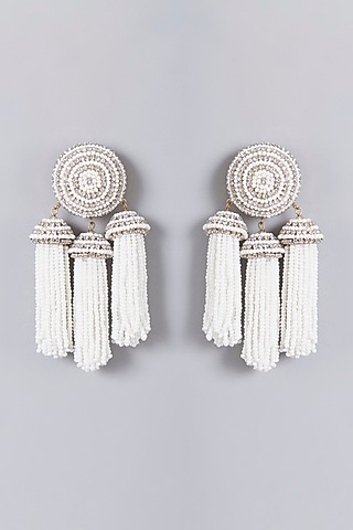 Gold Finish Crystal & Beaded Tassel Earrings by Bijoux By Priya Chandna