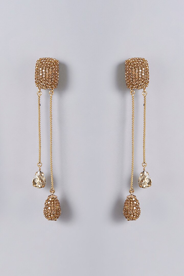 Gold Finish Crystal Dangler Earrings by Bijoux By Priya Chandna at Pernia's Pop Up Shop