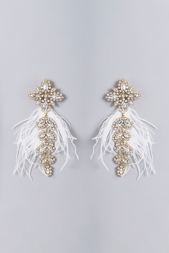 Gold Finish Crystal Stone & Feather Floral Earrings by Bijoux By Priya Chandna