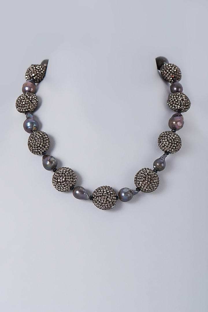 Black Rhodium Finish Baroque Pearl & Crystal Necklace by Bijoux By Priya Chandna at Pernia's Pop Up Shop
