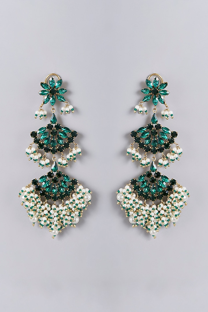 Gold Finish Green Crystal Chandbaali Earrings by Bijoux By Priya Chandna at Pernia's Pop Up Shop