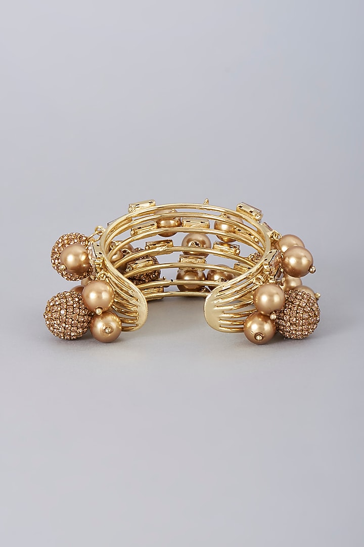 Gold Finish Crystal Stone & Pearl Cuff by Bijoux By Priya Chandna at Pernia's Pop Up Shop