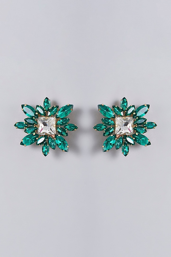 Gold Finish Emerald Crystal Stud Earrings by Bijoux By Priya Chandna at Pernia's Pop Up Shop