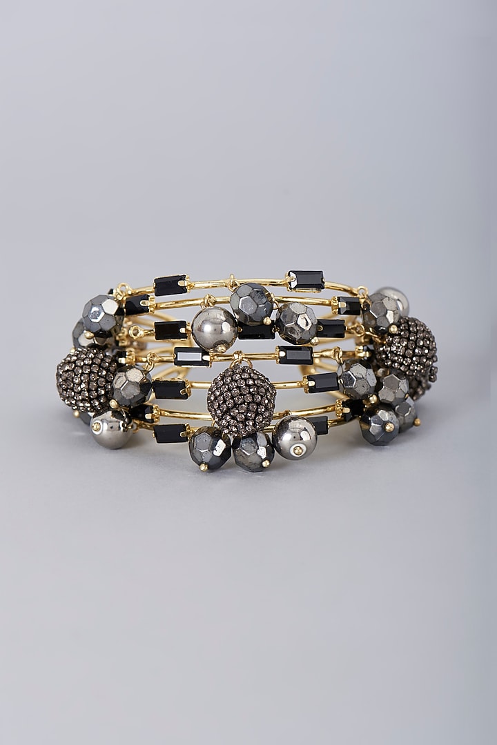 Gold Finish Black Crystal Stone Cuff by Bijoux By Priya Chandna at Pernia's Pop Up Shop