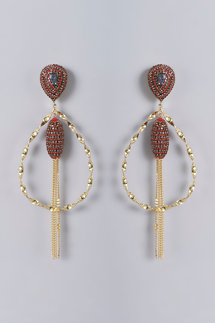 Gold Finish Red Crystal Dangler Earrings by Bijoux By Priya Chandna at Pernia's Pop Up Shop