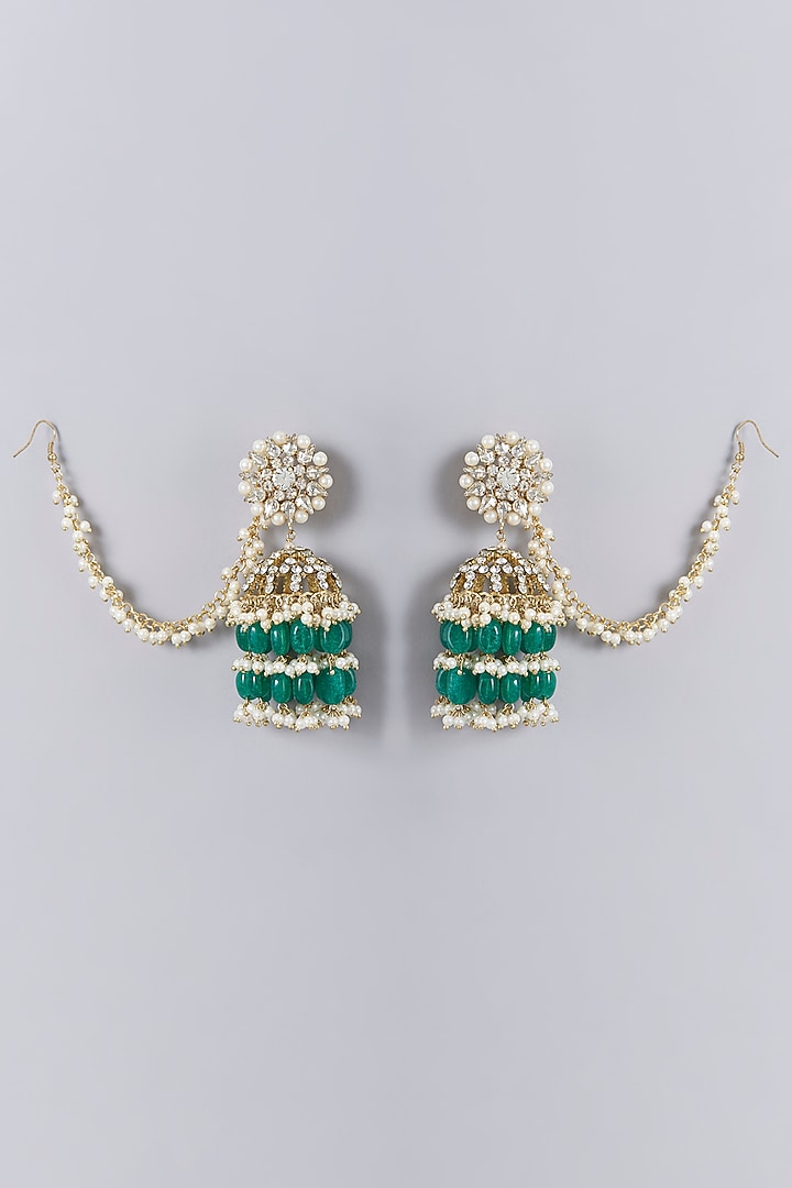 Gold Finish Green Semi-Precious Stone Jhumka Earrings by Bijoux By Priya Chandna at Pernia's Pop Up Shop