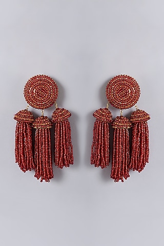 Gold Finish Red Crystal Tassel Earrings by Bijoux By Priya Chandna