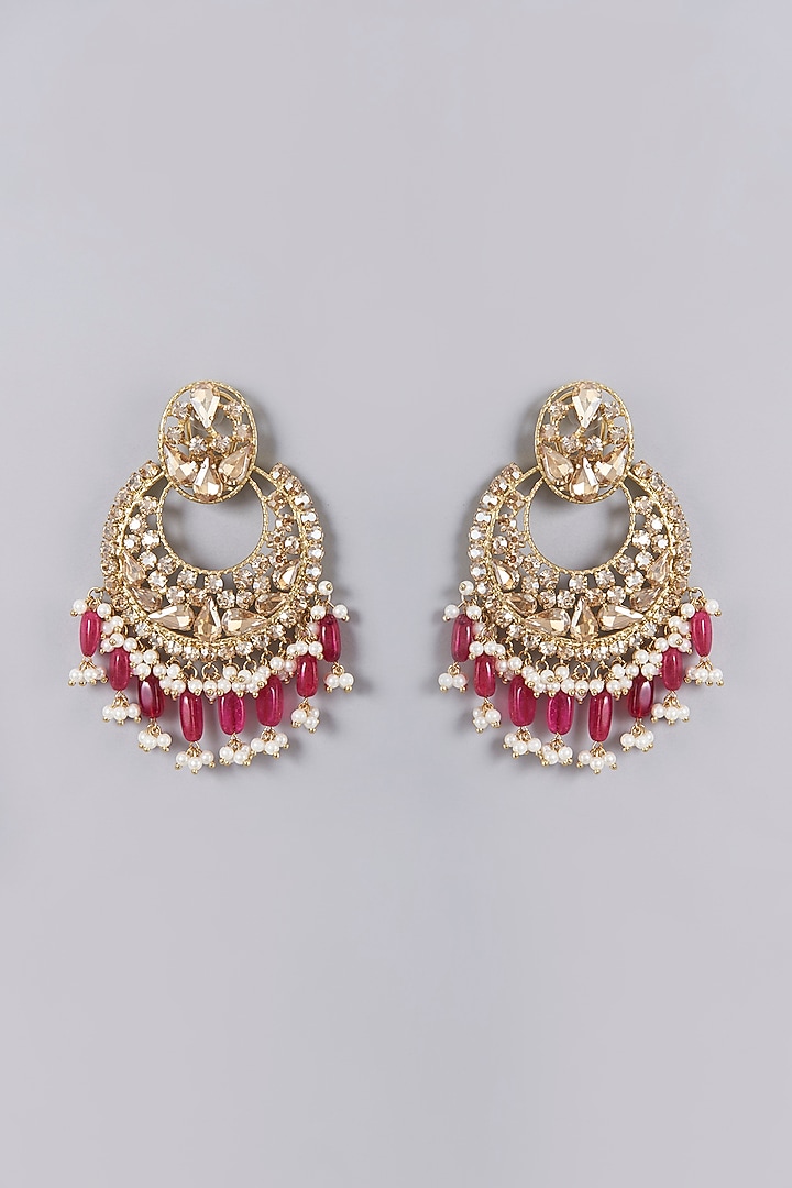 Gold Finish Red Semi-Precious Stone Chandbaali Earrings by Bijoux By Priya Chandna at Pernia's Pop Up Shop