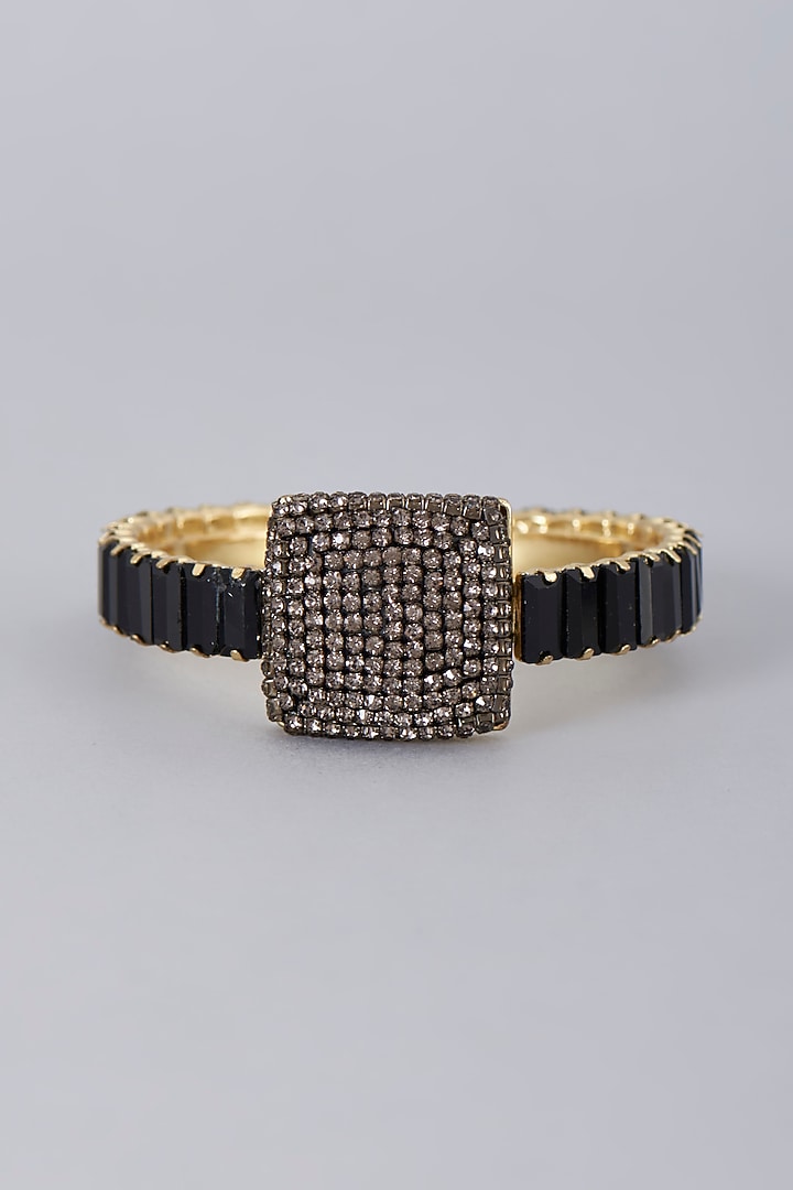 Gold Finish Black Crystal Cuff by Bijoux By Priya Chandna at Pernia's Pop Up Shop
