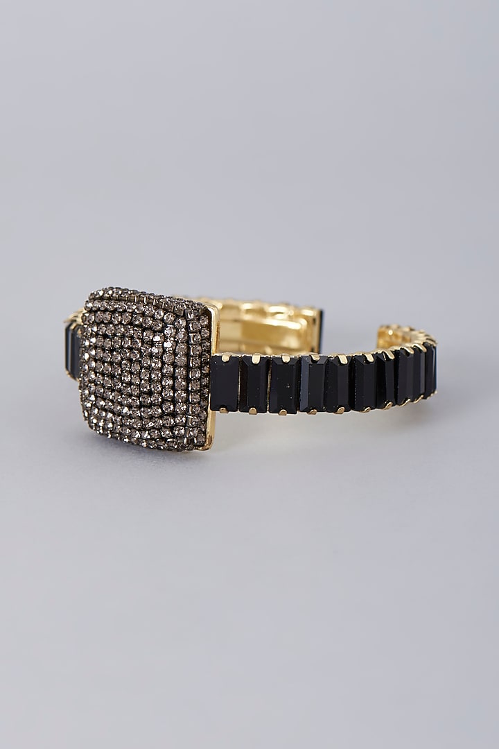 Gold Finish Black Crystal Cuff by Bijoux By Priya Chandna at Pernia's Pop Up Shop