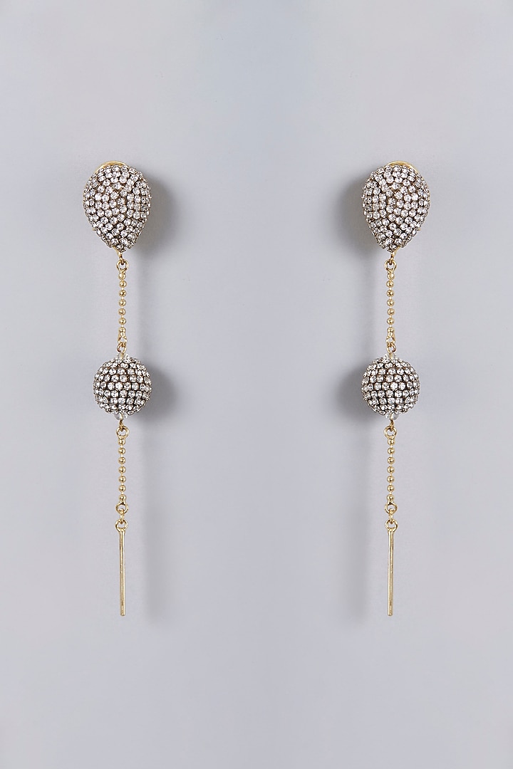 Gold Finish Crystal Dangler Earrings by Bijoux By Priya Chandna at Pernia's Pop Up Shop
