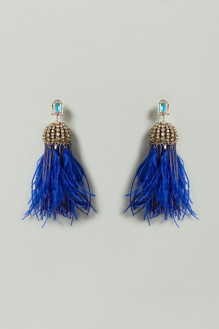Royal Blue Crystal & Feather Embellished Earrings by Bijoux By Priya Chandna