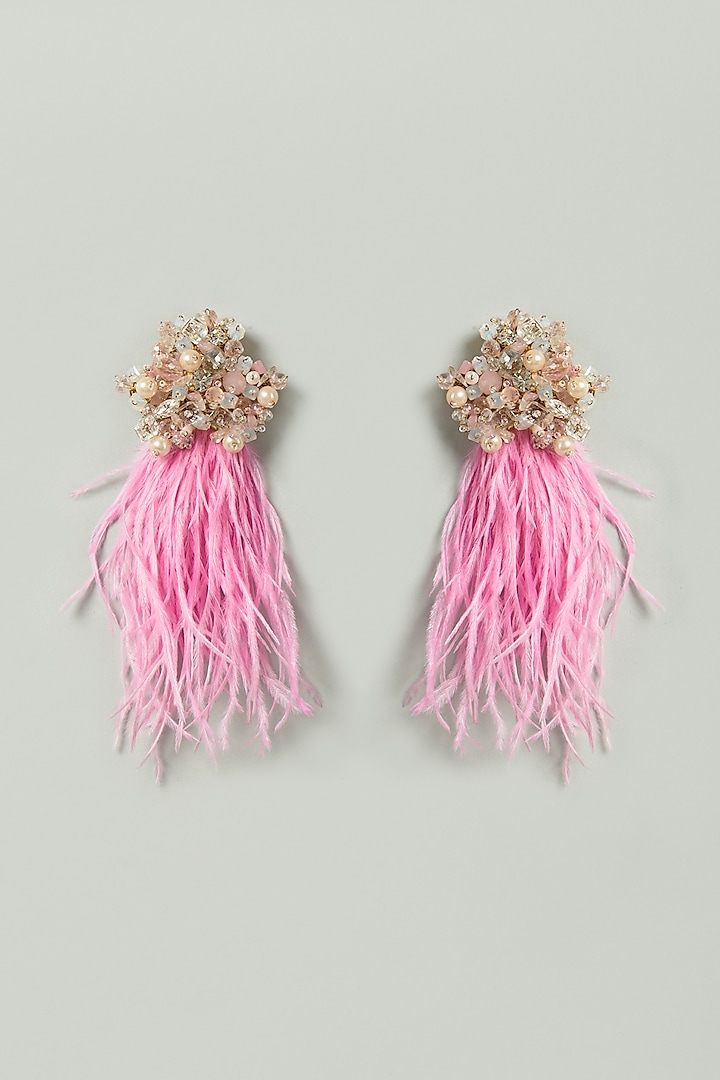 Pink Pearl & Feather Embellished Earrings by Bijoux By Priya Chandna