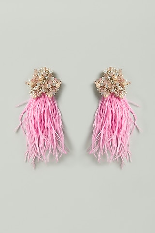 Pink Pearl & Feather Embellished Earrings by Bijoux By Priya Chandna