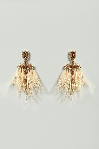 Nude Crystal & Feathers Dangler Earrings by Bijoux By Priya Chandna