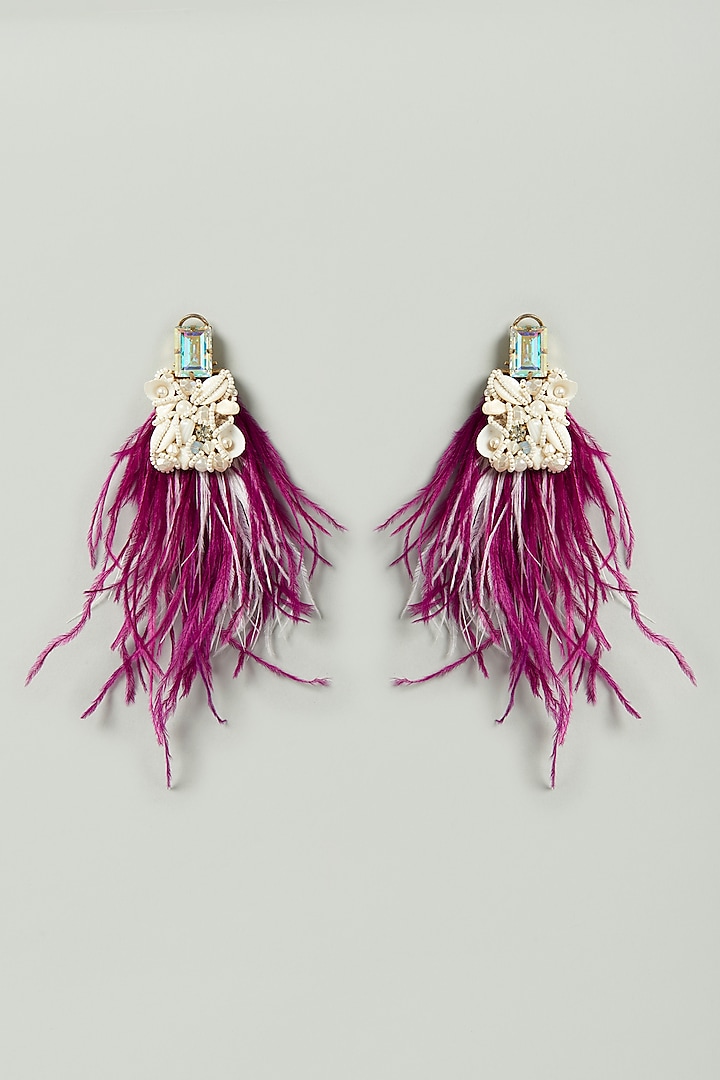 Purple & White Feathers & Shells Embellished Earrings by Bijoux By Priya Chandna