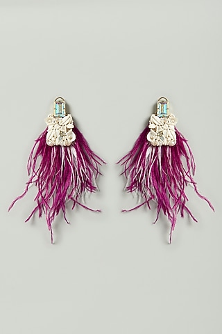 Purple & White Feathers & Shells Embellished Earrings by Bijoux By Priya Chandna
