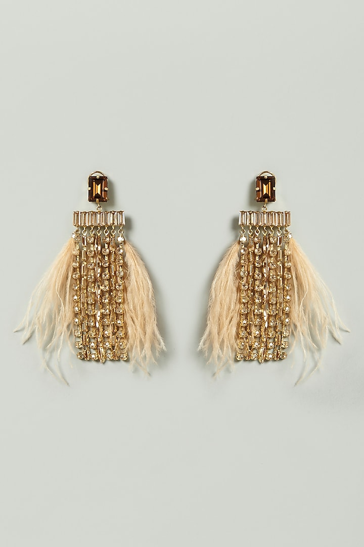 Nude-Gold Crystal & Feathers Embellished Earrings by Bijoux By Priya Chandna
