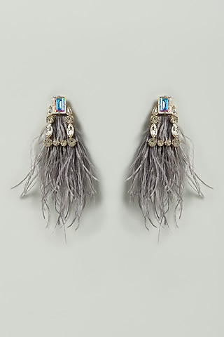 Grey Crystal & Feathers Embellished Earrings by Bijoux By Priya Chandna