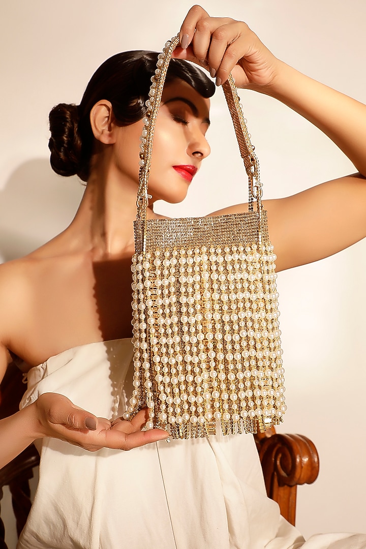 Gold Crystal & Pearl Embellished Handbag by Bijoux By Priya Chandna at Pernia's Pop Up Shop