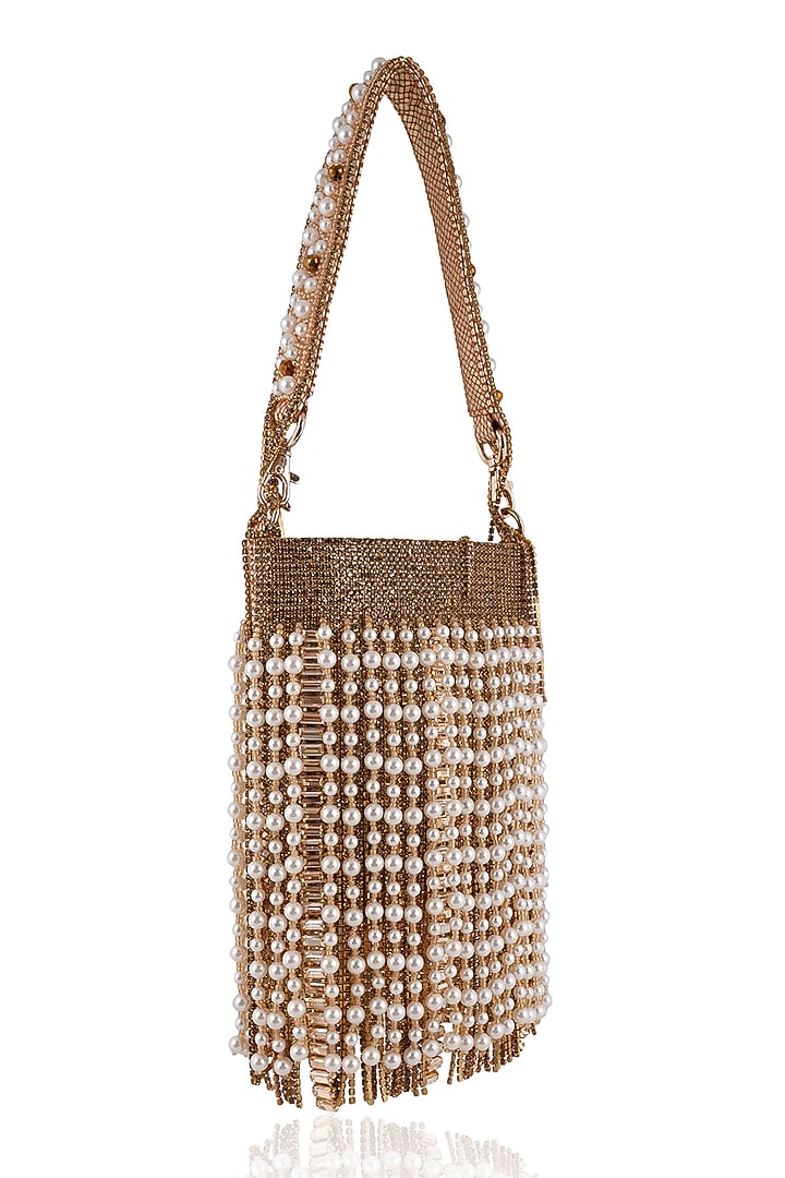 Gold Crystal & Pearl Embellished Handbag by Bijoux By Priya Chandna at Pernia's Pop Up Shop