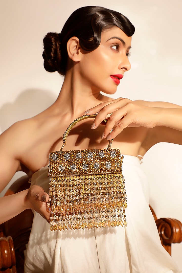 Gold Crystal & Glass Bead Embroidered Box Clutch by Bijoux By Priya Chandna at Pernia's Pop Up Shop