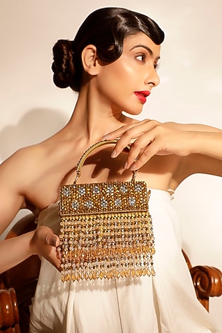 Gold Crystal & Glass Bead Embroidered Box Clutch by Bijoux By Priya Chandna