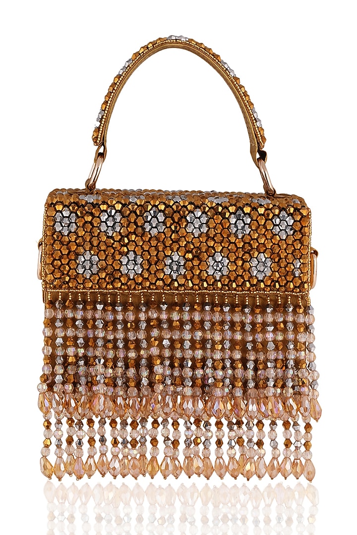 Gold Crystal & Glass Bead Embroidered Box Clutch by Bijoux By Priya Chandna at Pernia's Pop Up Shop