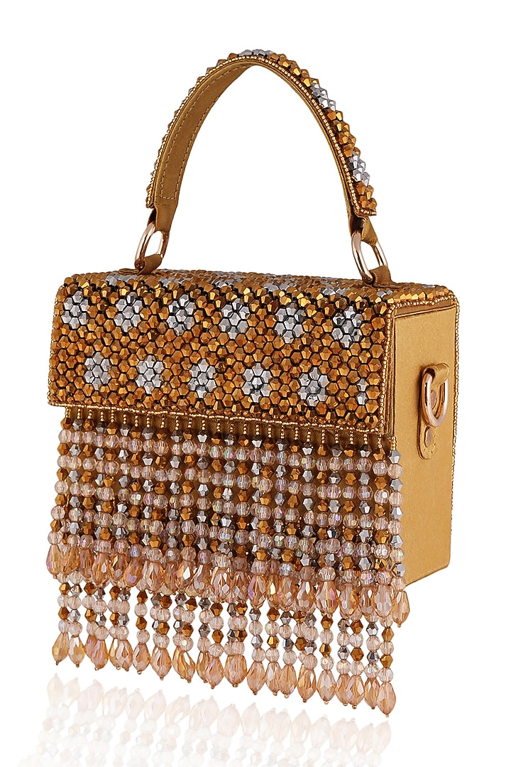 Gold Crystal & Glass Bead Embroidered Box Clutch by Bijoux By Priya Chandna at Pernia's Pop Up Shop