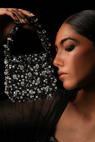 Black Raffia & Crystal Pearl Embellished Mini Bag by Bijoux By Priya Chandna