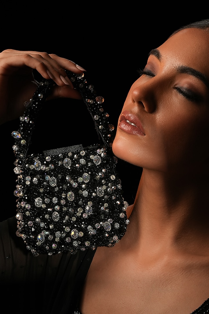 Black Raffia & Crystal Pearl Embellished Mini Bag by Bijoux By Priya Chandna at Pernia's Pop Up Shop