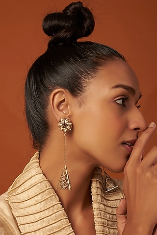 Gold Finish Crystal Dangler Earrings by Bijoux By Priya Chandna