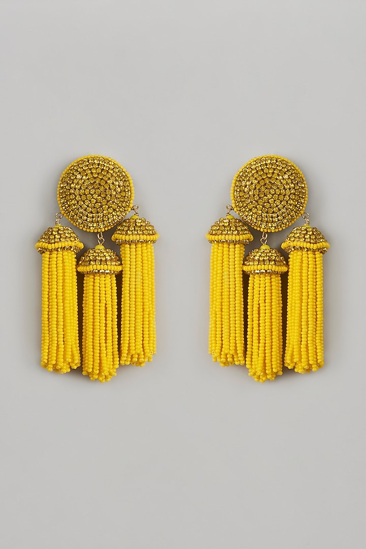 Gold Finish Crystal Multi-Tassel Earrings by Bijoux By Priya Chandna at Pernia's Pop Up Shop