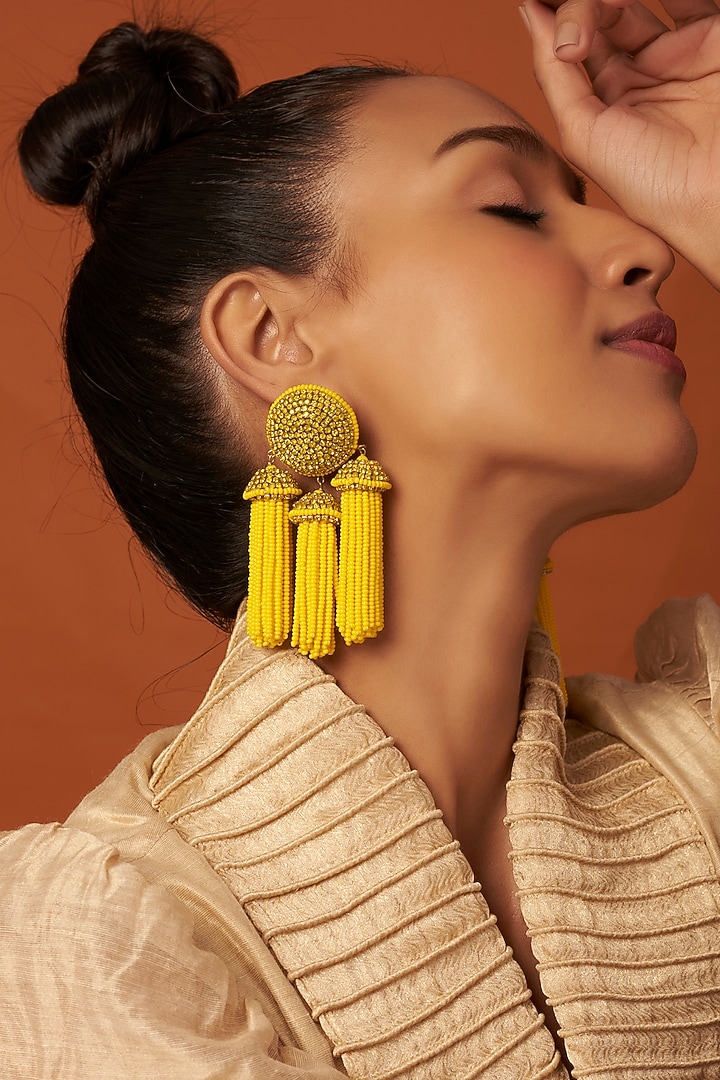 Gold Finish Crystal Multi-Tassel Earrings by Bijoux By Priya Chandna at Pernia's Pop Up Shop