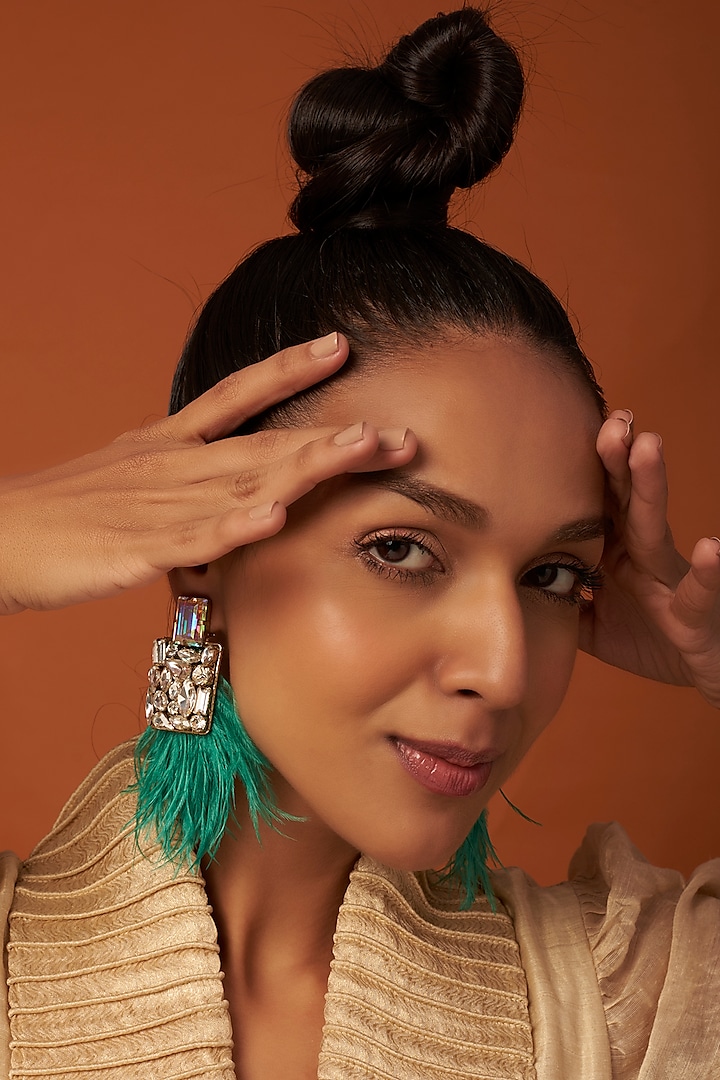 Gold Finish Dangler Earrings With Feathers by Bijoux By Priya Chandna