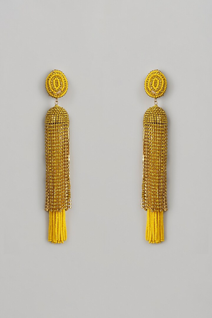 Gold Finish Beaded Waterfall Earrings by Bijoux By Priya Chandna at Pernia's Pop Up Shop
