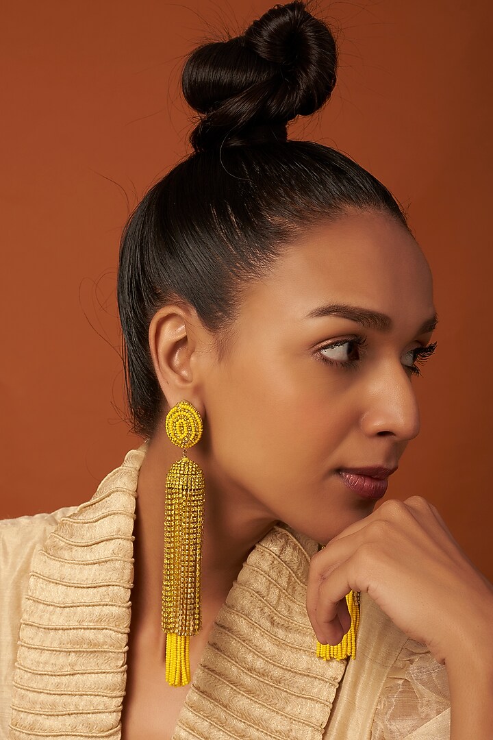 Gold Finish Beaded Waterfall Earrings by Bijoux By Priya Chandna at Pernia's Pop Up Shop