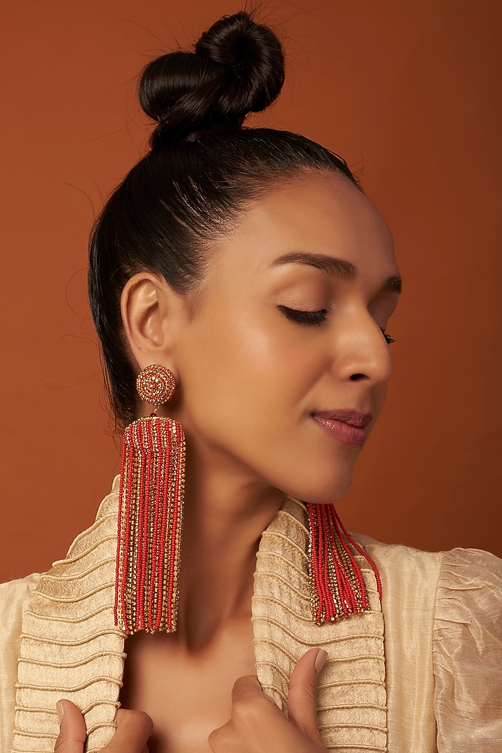 Gold Finish Beaded Waterfall Earrings by Bijoux By Priya Chandna at Pernia's Pop Up Shop