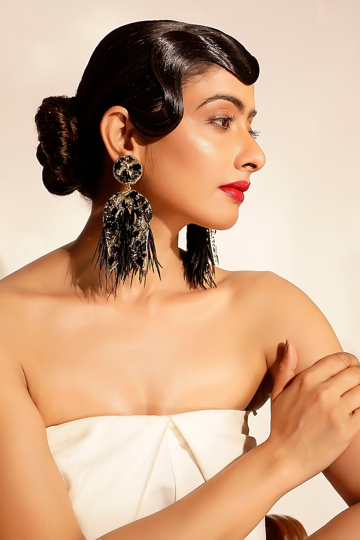 Black Crystal Feather Dangler Earrings by Bijoux By Priya Chandna at Pernia's Pop Up Shop