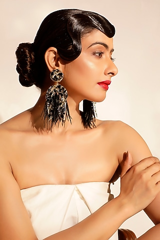 Black Crystal Feather Dangler Earrings by Bijoux By Priya Chandna