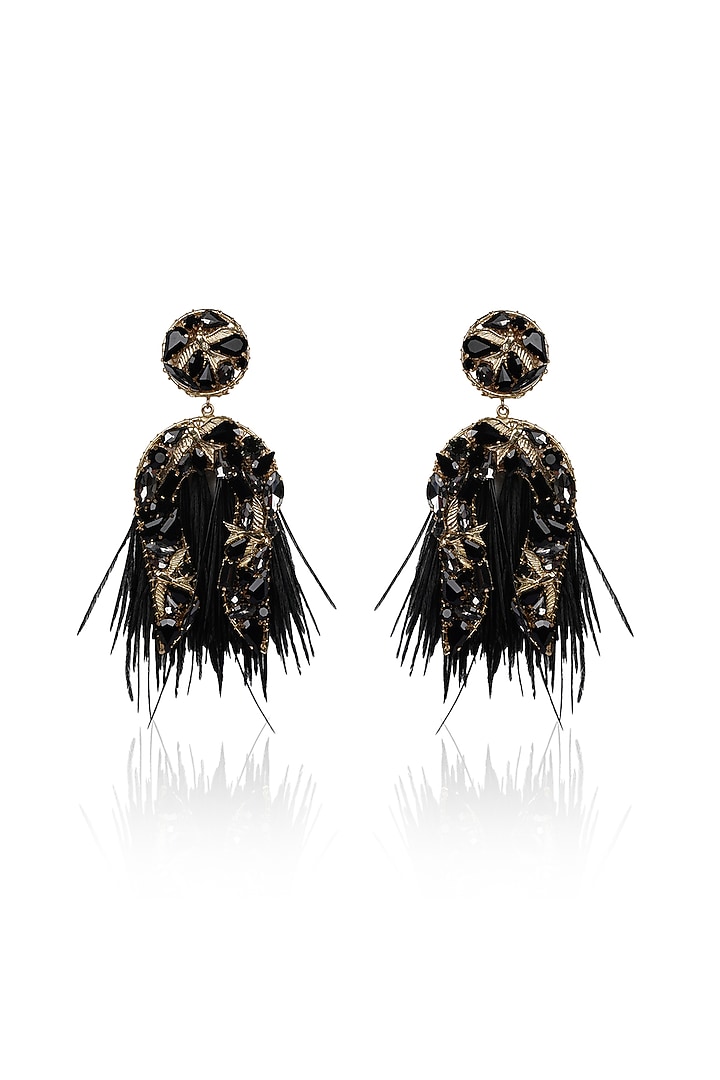 Black Crystal Feather Dangler Earrings by Bijoux By Priya Chandna at Pernia's Pop Up Shop