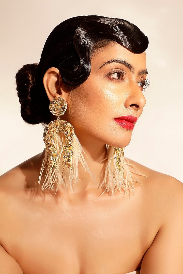 Gold Crystal Feather Dangler Earrings by Bijoux By Priya Chandna at Pernia's Pop Up Shop