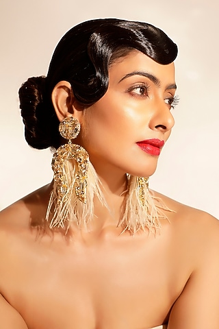 Gold Crystal Feather Dangler Earrings by Bijoux By Priya Chandna