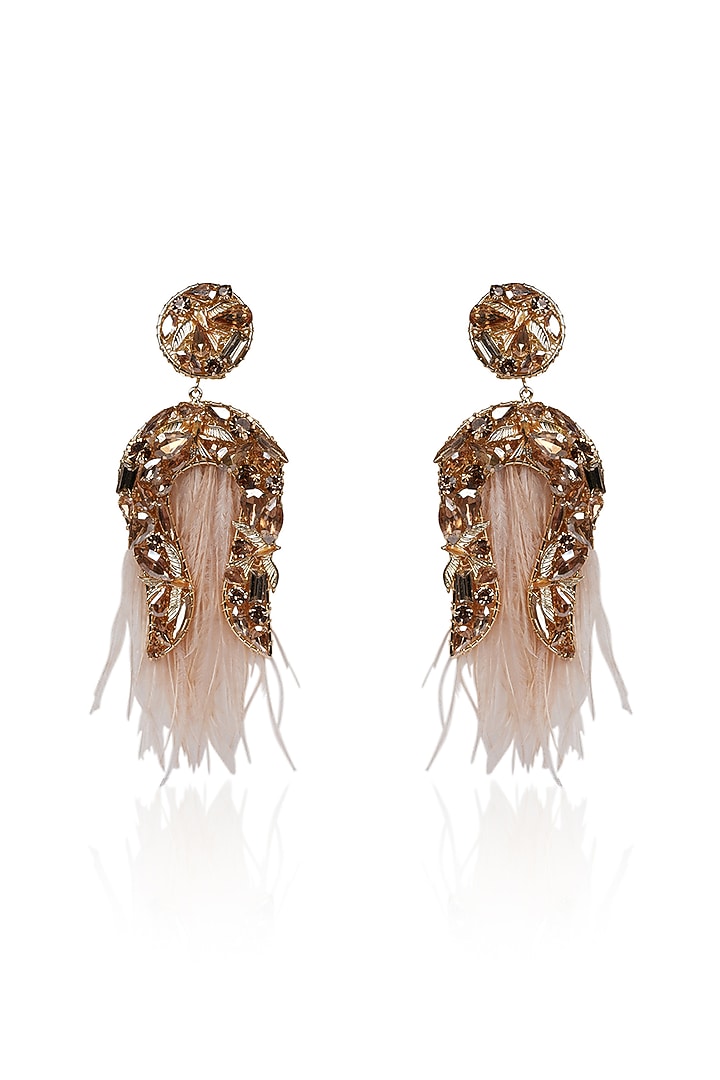 Gold Crystal Feather Dangler Earrings by Bijoux By Priya Chandna at Pernia's Pop Up Shop