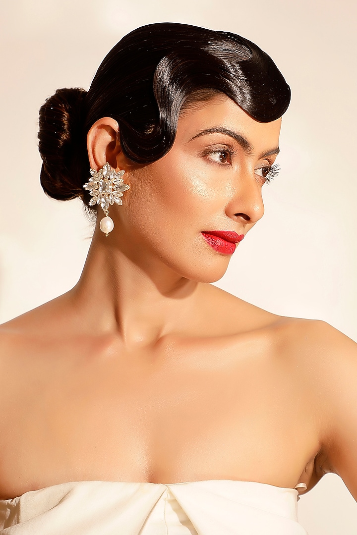 White Crystal & Baroque Pearl Dangler Earrings by Bijoux By Priya Chandna at Pernia's Pop Up Shop