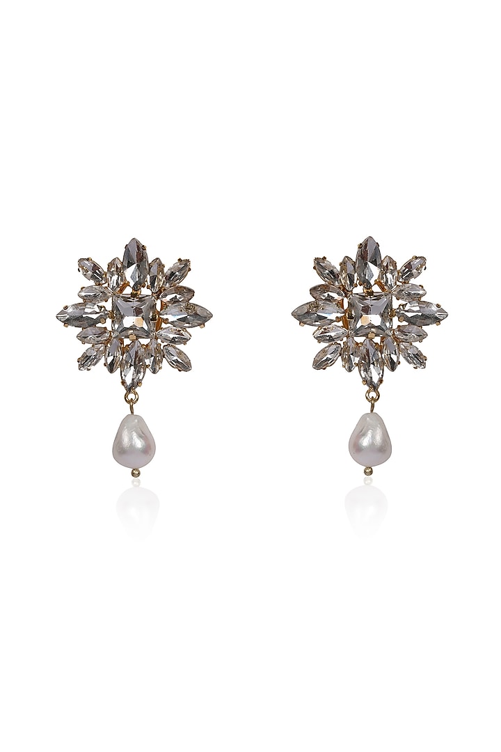 White Crystal & Baroque Pearl Dangler Earrings by Bijoux By Priya Chandna at Pernia's Pop Up Shop