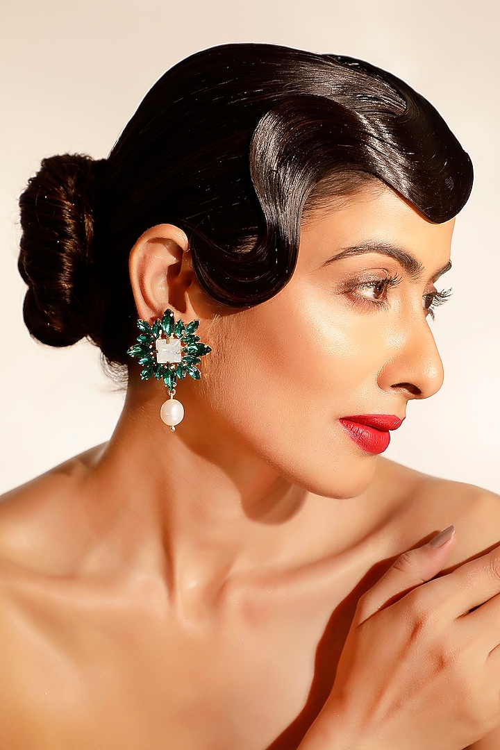 Green Crystal & Baroque Pearl Dangler Earrings by Bijoux By Priya Chandna at Pernia's Pop Up Shop