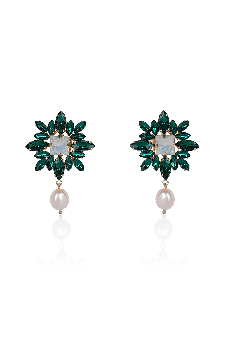 Green Crystal & Baroque Pearl Dangler Earrings by Bijoux By Priya Chandna at Pernia's Pop Up Shop