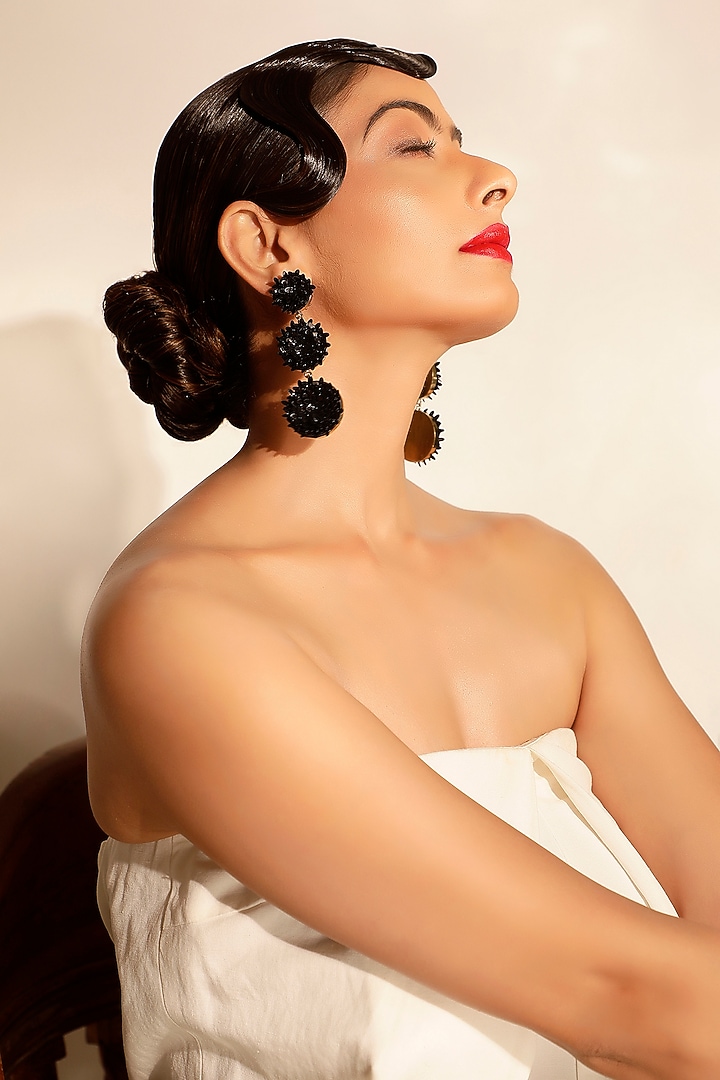 Black Sequins & Crystal Floral Dangler Earrings by Bijoux By Priya Chandna at Pernia's Pop Up Shop